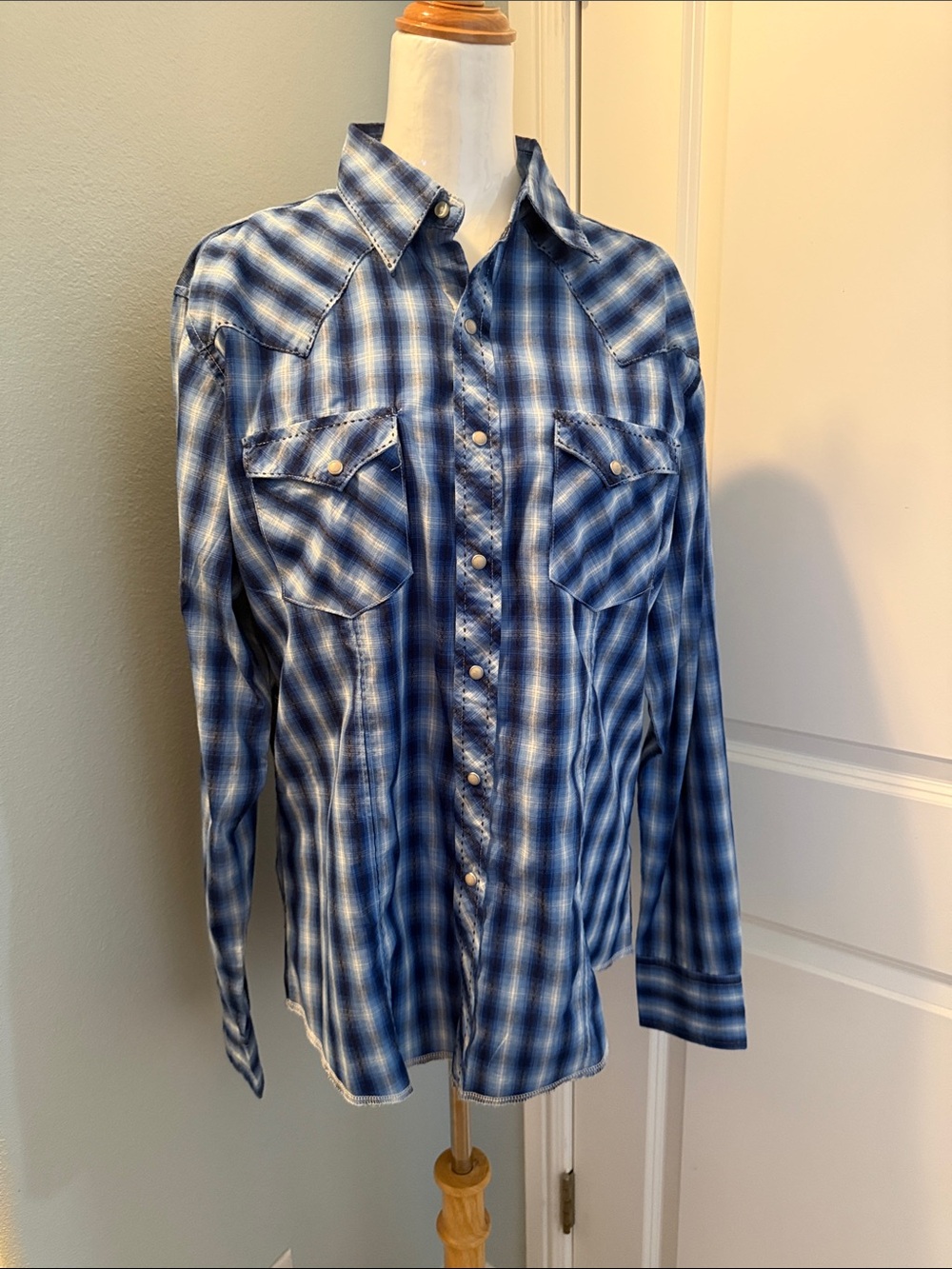 Wrangler Blue Plaid Snap Western Shirt - Men's